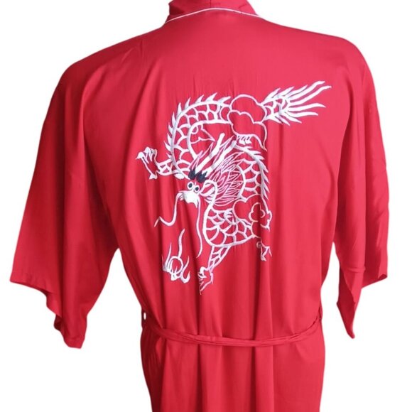 Vintage Men's Small Kimono Robe Red Dragon Embroidered 60s Rayon Smoking Jacket - Picture 1 of 9